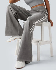 Casual High-Waist Striped Wide-Leg Washed Pocket Jeans