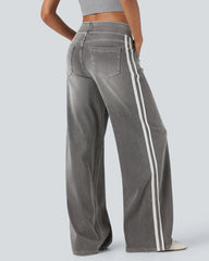 Casual High-Waist Striped Wide-Leg Washed Pocket Jeans