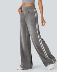 Casual High-Waist Striped Wide-Leg Washed Pocket Jeans