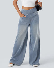 Casual High-Waist Striped Wide-Leg Washed Pocket Jeans