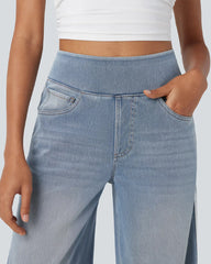 Casual High-Waist Striped Wide-Leg Washed Pocket Jeans