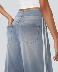 Casual High-Waist Striped Wide-Leg Washed Pocket Jeans