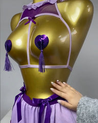 Sexy Chest Hollowed-out with Heart-shaped Nipple Stickers and See-through Gauze Skirt Fun Suit