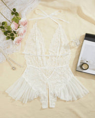 Sexy Hollow Lace See-through Suspenders Open Crotch One-piece Pajamas