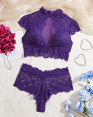 High Neck Lace Sheer Mesh Backless Bra Underwear Set