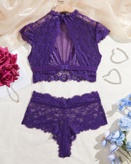 High Neck Lace Sheer Mesh Backless Bra Underwear Set