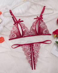 Sexy Floral Lace Exposed Breast Bra and Crotchless Thong Panty Set