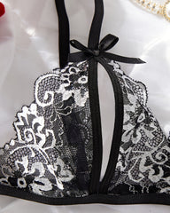 Sexy Floral Lace Exposed Breast Bra and Crotchless Thong Panty Set