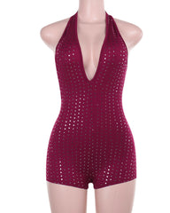 Sexy Slim Fit Deep V Jumpsuit with Rhinestones