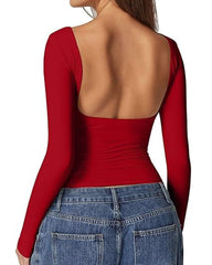 Women's Sexy Open Back Seamless Turtleneck Double Lined Slim Fit Long Sleeve Top