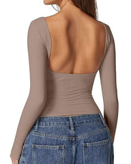 Women's Sexy Open Back Seamless Turtleneck Double Lined Slim Fit Long Sleeve Top