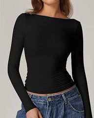 Women's Sexy Open Back Seamless Turtleneck Double Lined Slim Fit Long Sleeve Top