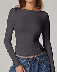 Women's Sexy Open Back Seamless Turtleneck Double Lined Slim Fit Long Sleeve Top