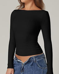 Women's Sexy Open Back Seamless Turtleneck Double Lined Slim Fit Long Sleeve Top