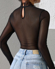 Sexy Round Neck Lace Mesh See-through Slim Long Sleeve Tights Bodysuit