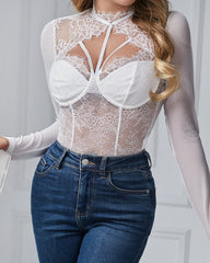 Sexy Round Neck Lace Mesh See-through Slim Long Sleeve Tights Bodysuit