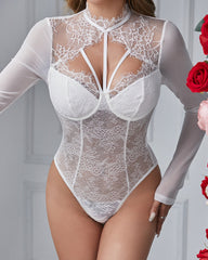 Sexy Round Neck Lace Mesh See-through Slim Long Sleeve Tights Bodysuit