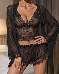 Sexy Lace Tulle Pajamas Three-piece Set