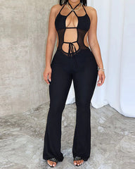 Sexy Sleeveless Halterneck Backless Slightly Flared Wide-leg Jumpsuit