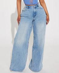 Washed Wide-leg Jeans With A Bow Design At The Back Waist