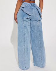 Washed Wide-leg Jeans With A Bow Design At The Back Waist