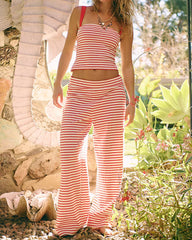 Women's Striped Print Casual Short Tube Top Wide-leg Pants Suit