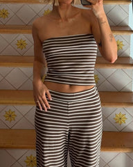 Women's Striped Print Casual Short Tube Top Wide-leg Pants Suit