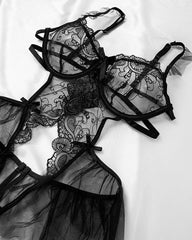 Sexy Lace Mesh Open Crotch Hollow Back One-piece Pajamas