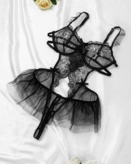 Sexy Lace Mesh Open Crotch Hollow Back One-piece Pajamas