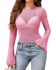 Women's Mesh Transparent Sequined Flared Long Sleeve T-shirt Top