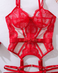 Metal Buckle Decorated Lace See-through Sexy Lingerie Set