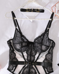 Metal Buckle Decorated Lace See-through Sexy Lingerie Set