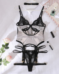 Metal Buckle Decorated Lace See-through Sexy Lingerie Set