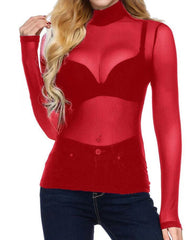 Sexy See-through High-neck Elastic Tight Long-sleeved Mesh T-shirt