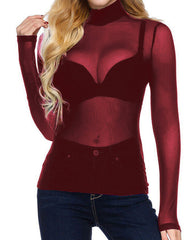 Sexy See-through High-neck Elastic Tight Long-sleeved Mesh T-shirt
