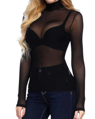 Sexy See-through High-neck Elastic Tight Long-sleeved Mesh T-shirt
