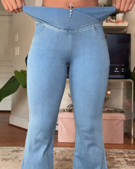 High-waisted Cross-pocket Stretch Flared Washed Casual Jeans