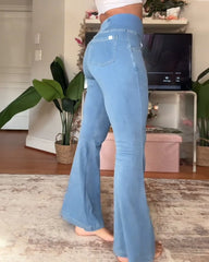 High-waisted Cross-pocket Stretch Flared Washed Casual Jeans