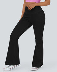 High-waisted Cross-pocket Stretch Flared Washed Casual Jeans