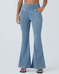 High-waisted Cross-pocket Stretch Flared Washed Casual Jeans