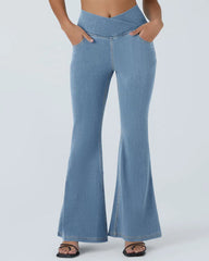 High-waisted Cross-pocket Stretch Flared Washed Casual Jeans