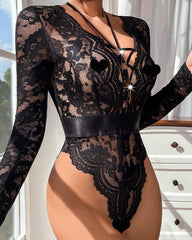 Sexy Deep V Mesh Transparent Backless Hollow Long-sleeved Open Crotch One-piece Pajamas