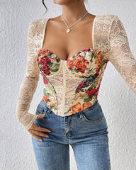 Retro Square Neck Floral Lace Panel Long Sleeve Top
