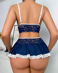 Deep V Sexy Lace Milk Silk Splicing with Stockings Pajamas Set