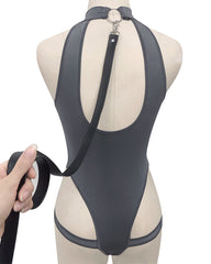 Sexy Halterneck Open-crotch Bodysuit with Stockings and Leash