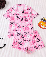 Halloween Fun Print Lapel Short-sleeved Shorts Casual Home Wear Suit