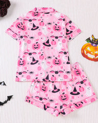 Halloween Fun Print Lapel Short-sleeved Shorts Casual Home Wear Suit