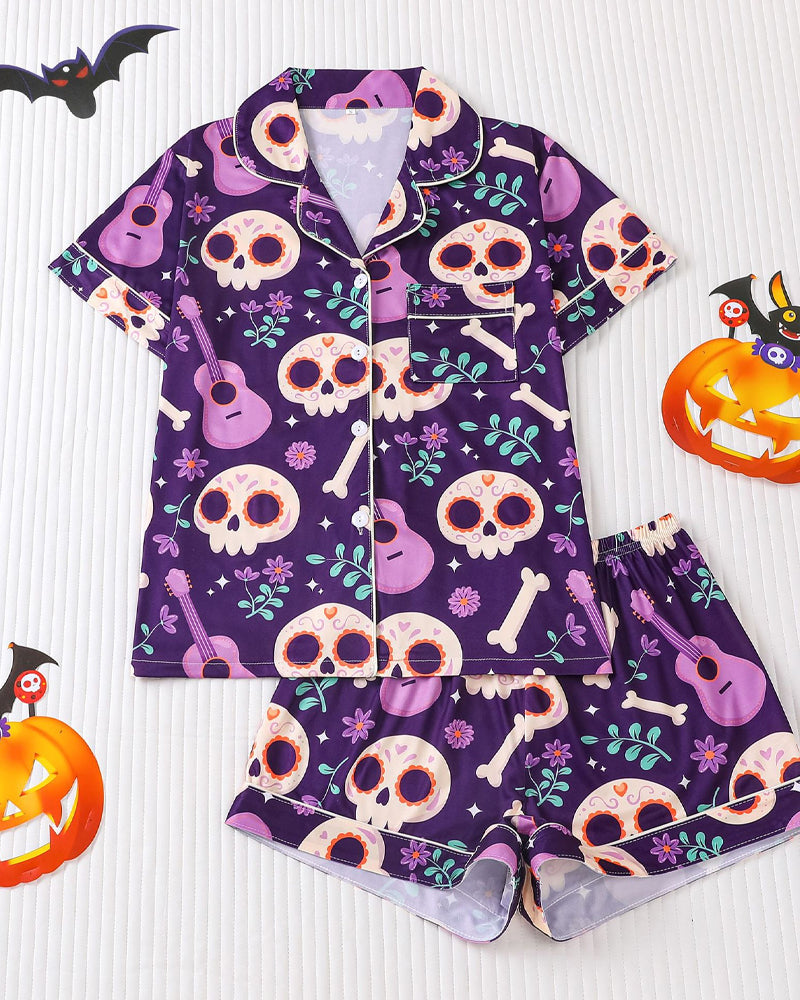 Halloween Print Lapel Short-Sleeved Shorts Casual Homewear Set