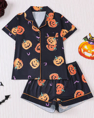 Halloween Print Lapel Short-Sleeved Shorts Casual Homewear Set