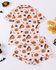 Halloween Print Lapel Short-Sleeved Shorts Casual Homewear Set